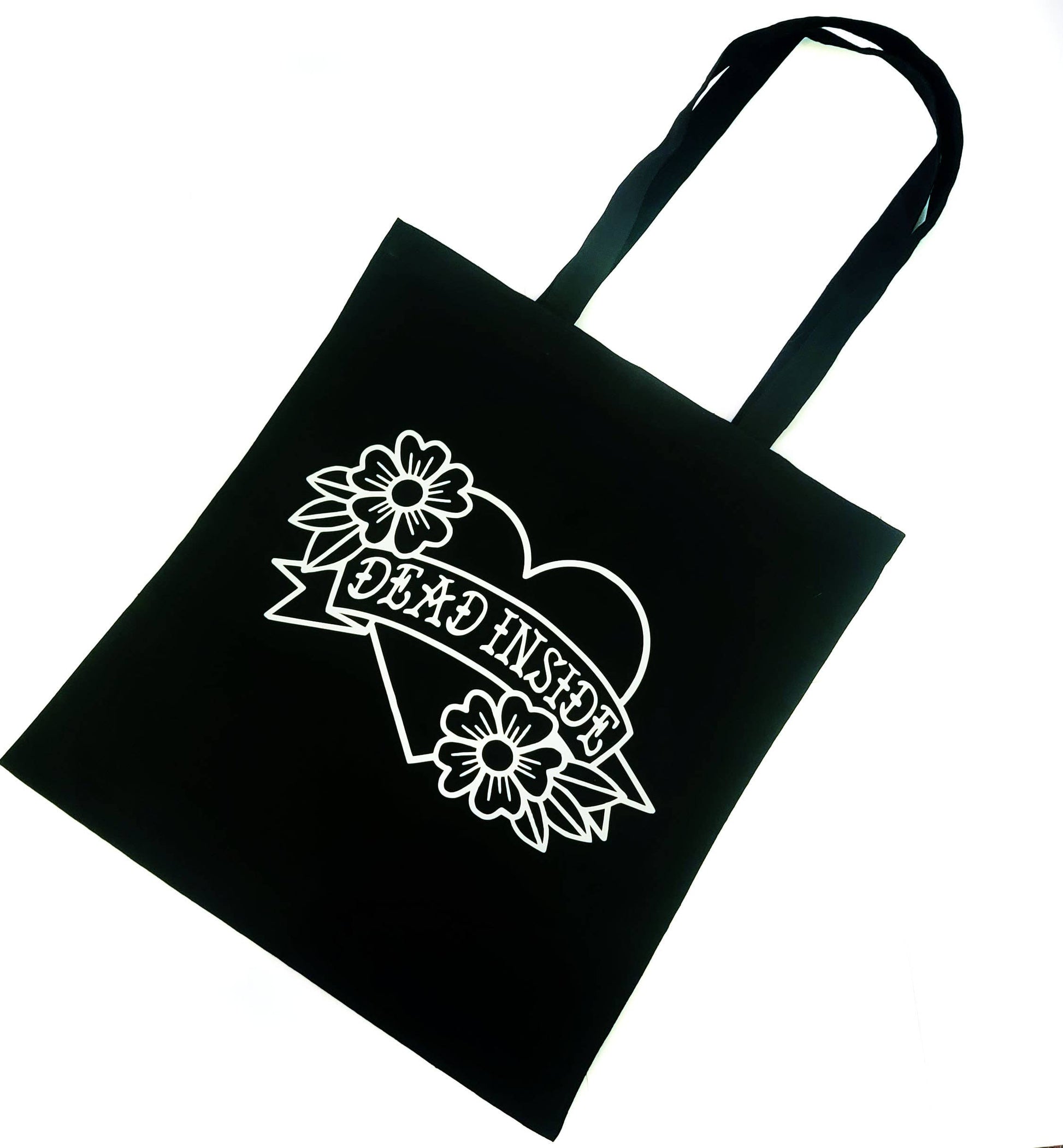 Dead Inside Tattoo Heart Tote Bag Black Cotton Reusable