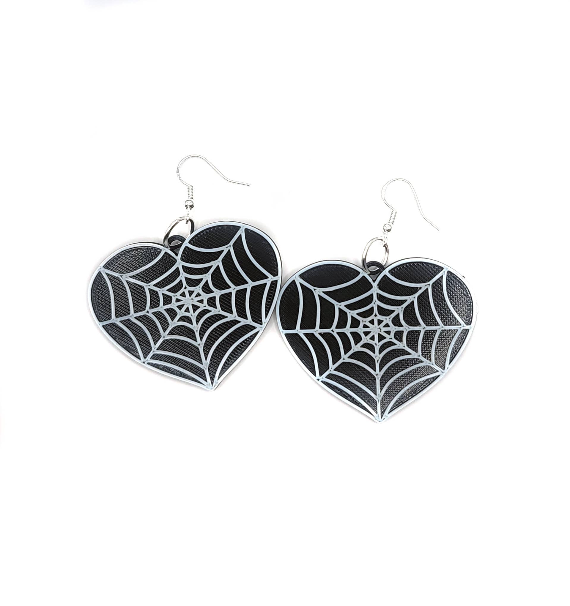 Black and White Spiderweb Heart Earrings 3D Printed