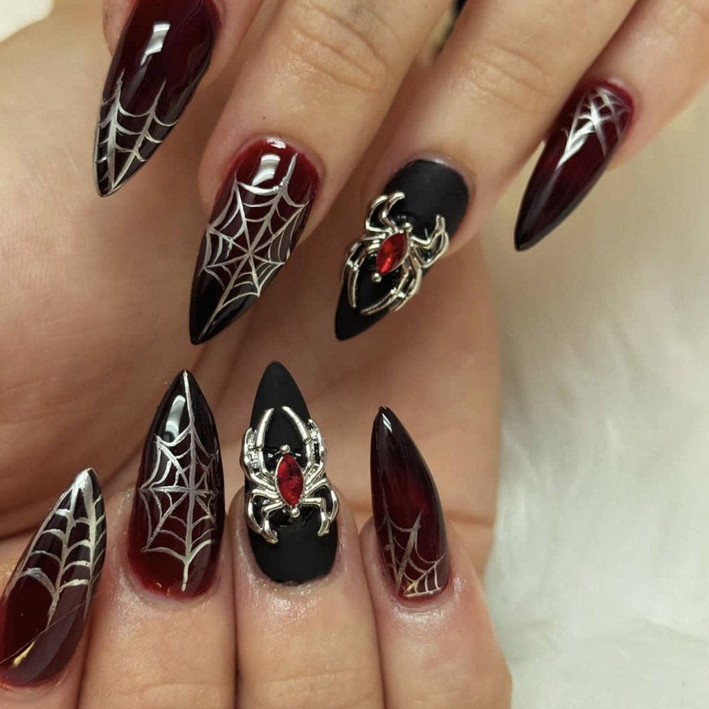 Gothic Halloween Spider Fake Nails with Black Finish