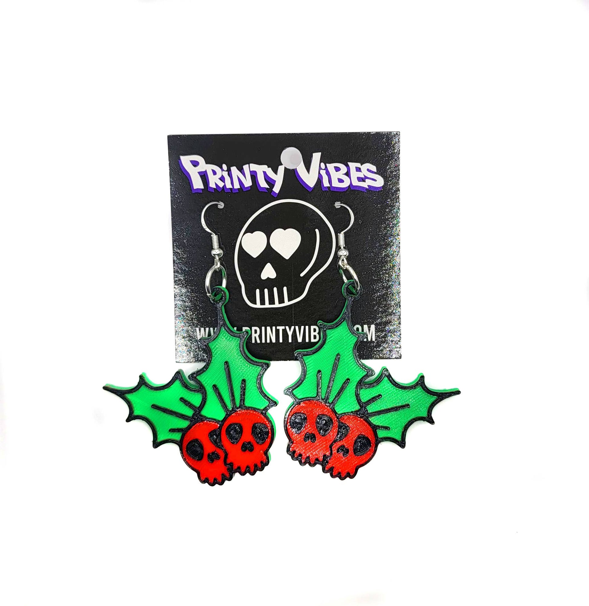 Spooky Skull Holly Christmas Earrings