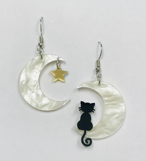 Acrylic Black Cat On The Moon Earrings