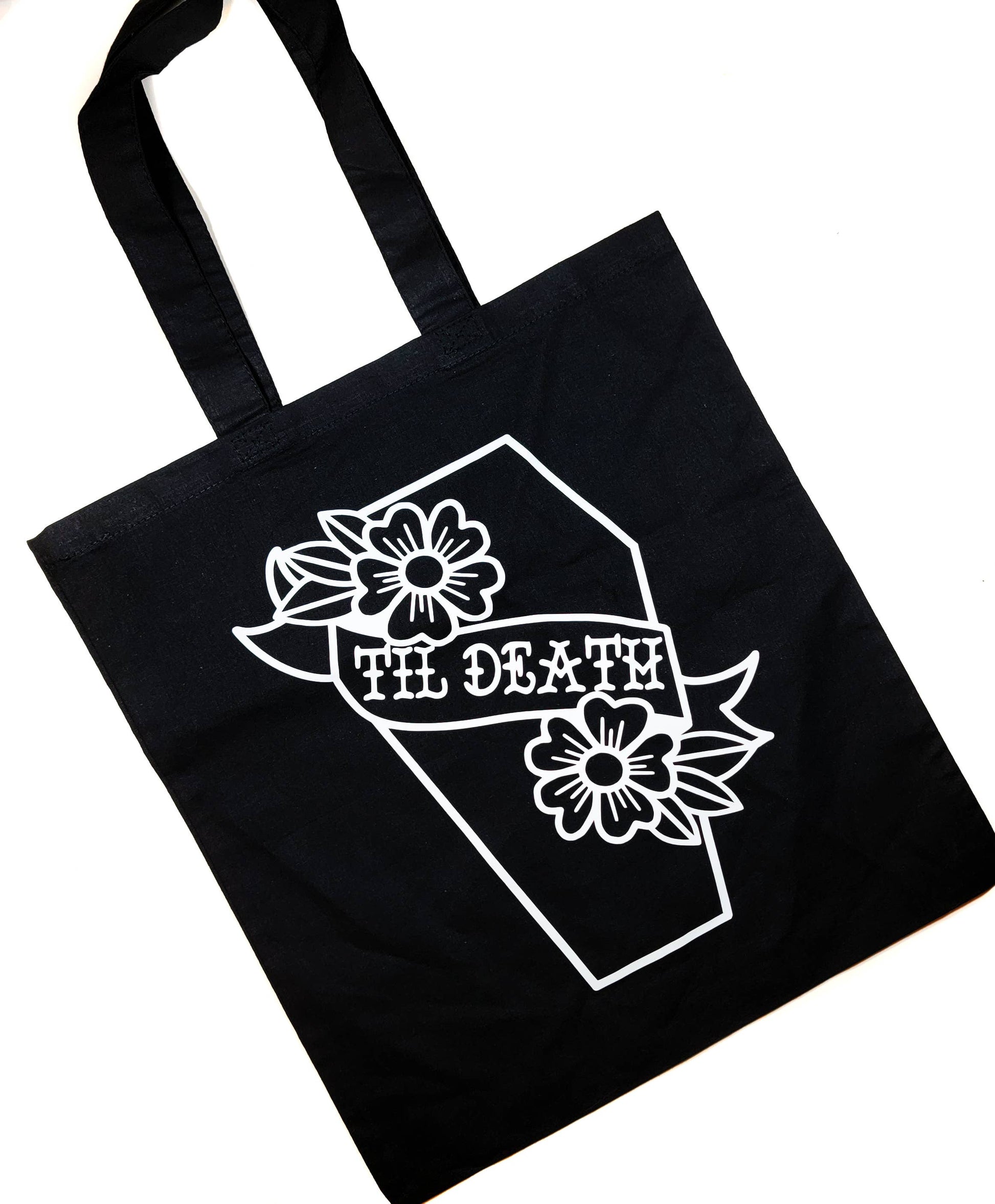 Til Death Coffin Spooky Goth Tote Bag Black Cotton Reusable