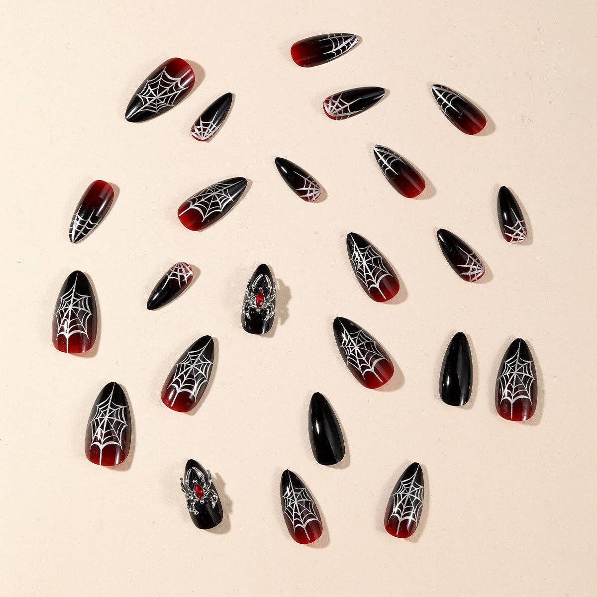 Gothic Halloween Spider Fake Nails with Black Finish