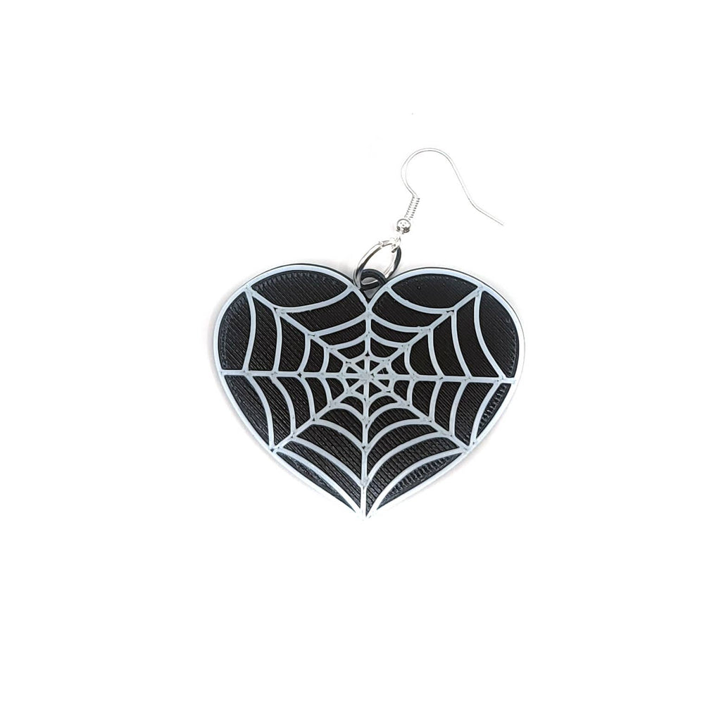 Black and White Spiderweb Heart Earrings 3D Printed