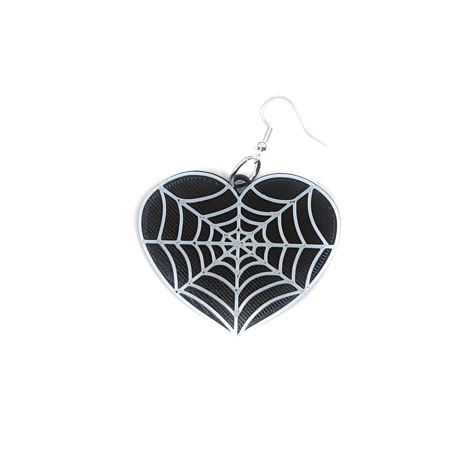 Black and White Spiderweb Heart Earrings 3D Printed