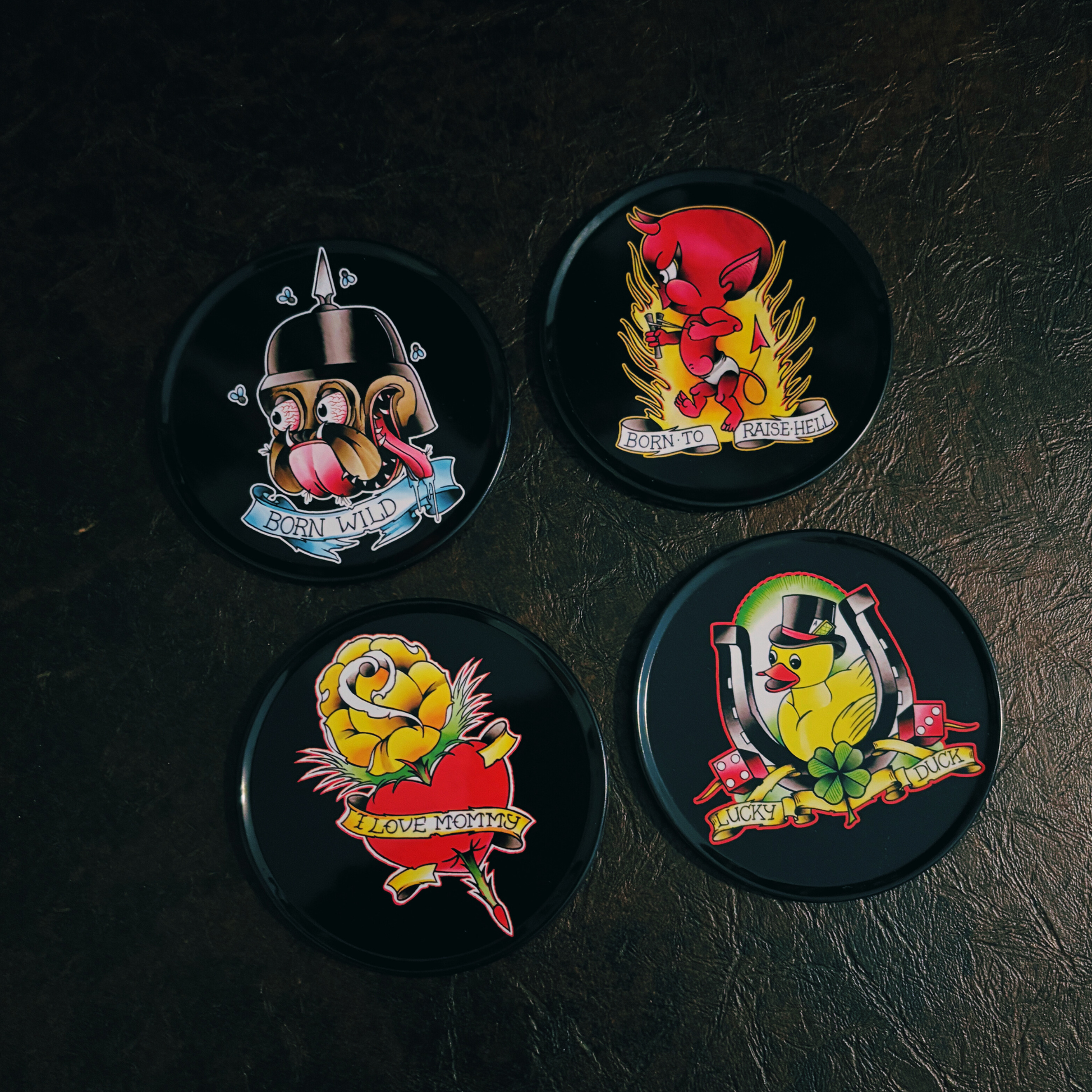 Classic Tattoo Coaster Set | Metal & Cork Retro Round Coasters in Gift Tin