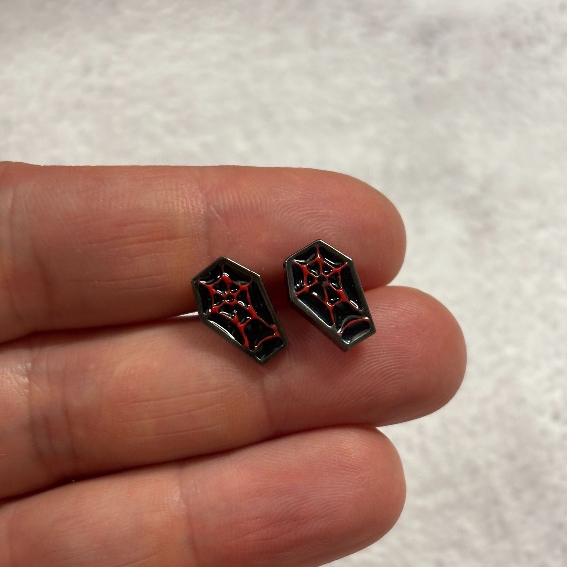 Sourpuss Red & Black Coffin Earrings | Gothic Studs Alternative Jewelry | Spooky Fashion Accessories