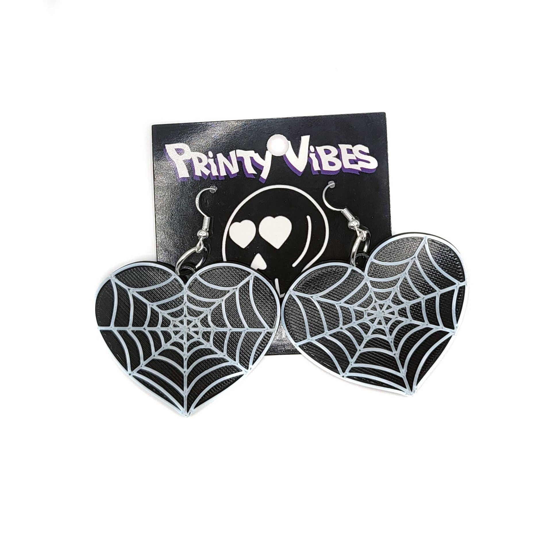 Black and White Spiderweb Heart Earrings 3D Printed