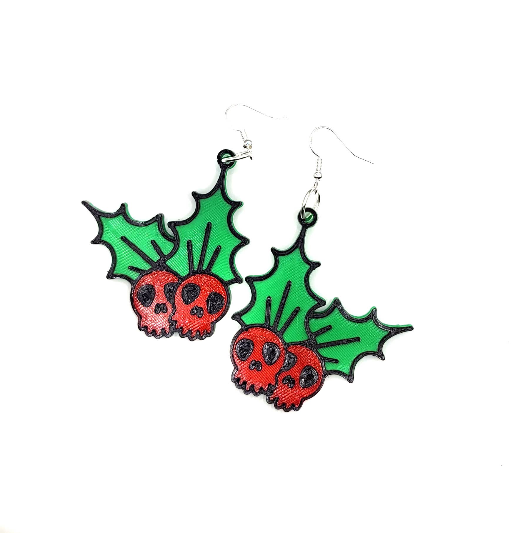 Spooky Skull Holly Christmas Earrings
