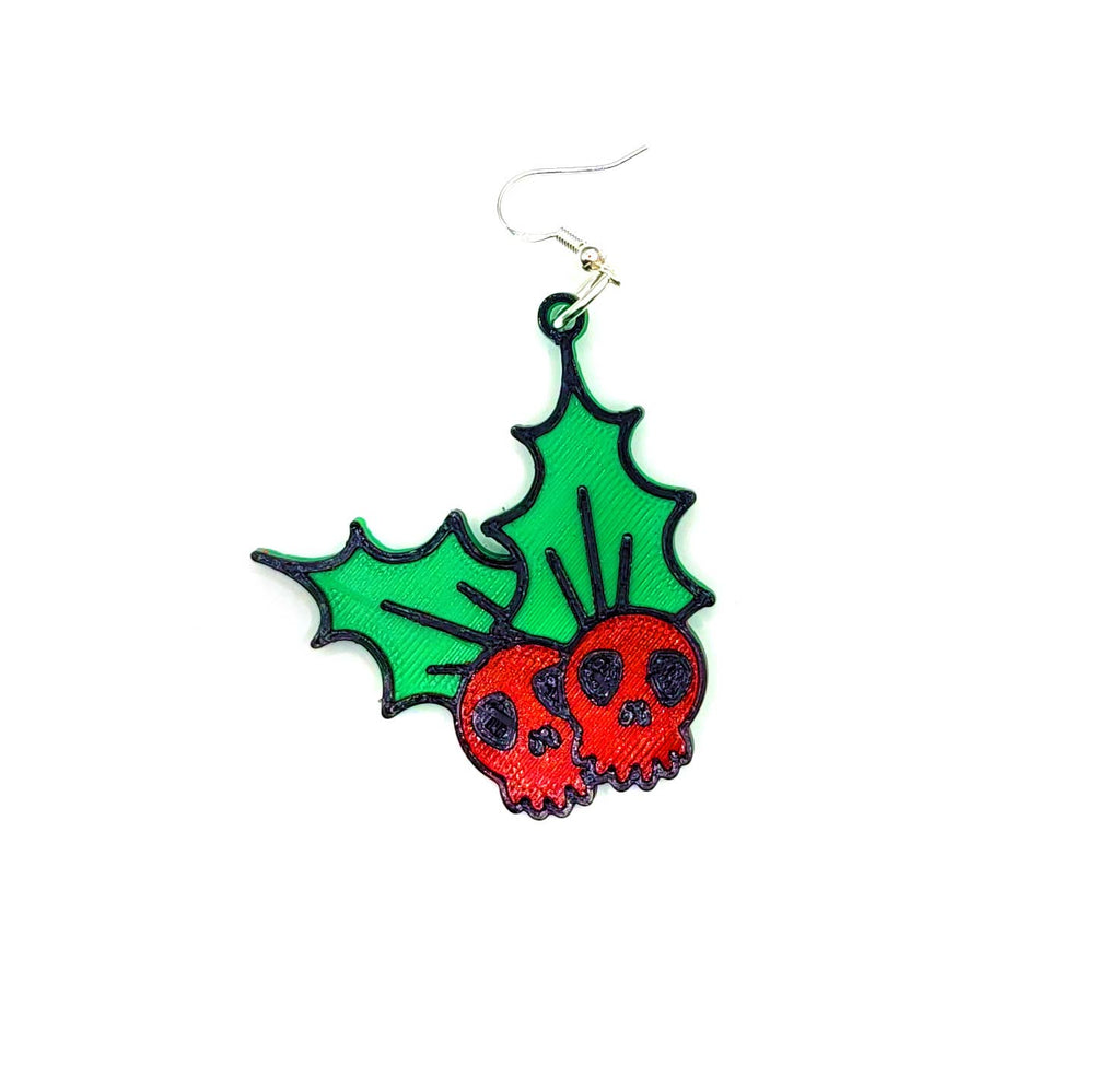 Spooky Skull Holly Christmas Earrings